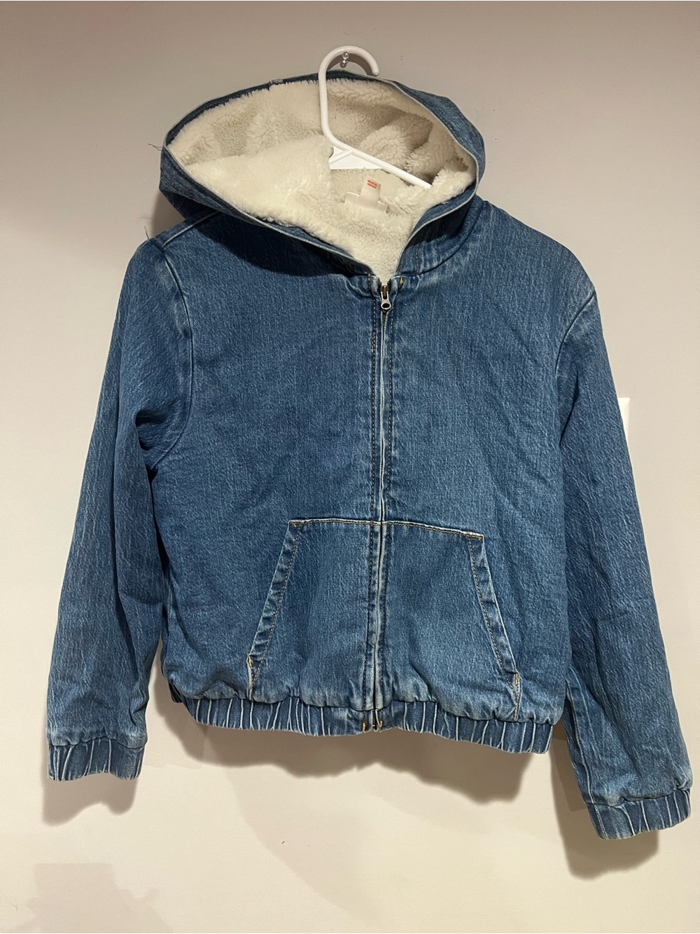Cat & Jack Blue Denim Hooded Jacket with Cream Sherpa Lining, Size: XL(14)